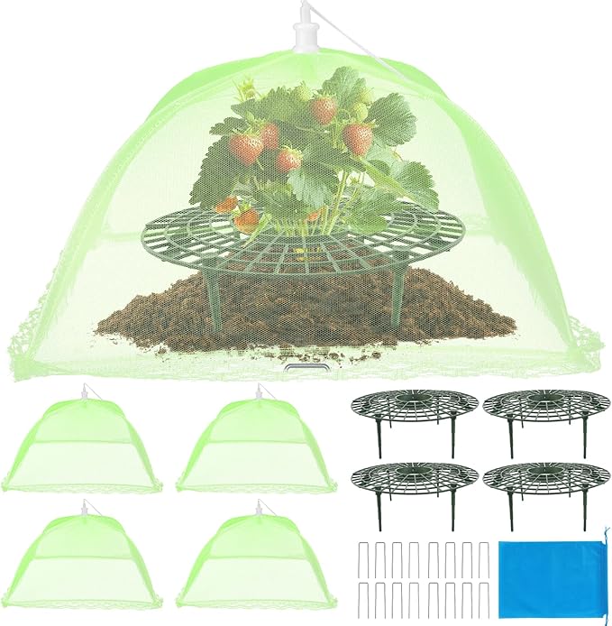 6 Sets Strawberry Plant Support with Mesh Plant Cover,Strawberry Growing Racks Sets with Iron Plant Nails and Storage Bag for Garden Strawberry Vegetables(Green Net - Round)