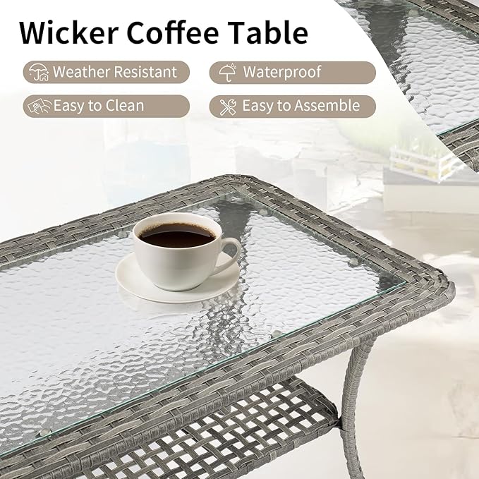 VINGLI Outdoor Coffee Table with Storage Wicker Patio Coffee Table, Tempered Glass Top Coffee Table for Patio Outside Balcony Porch Deck (Grey)