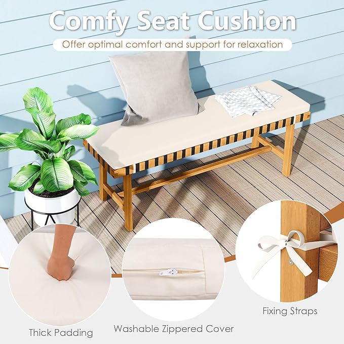 Tangkula 6 Piece Patio Dining Set for 5-6 People, 63” Outdoor Acacia Wood Table with 1.97” Umbrella Hole & Bench & 4 Cushioned Armchairs, for Deck Yard and Poolside