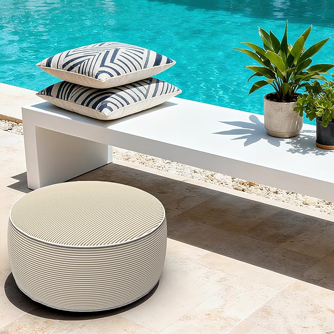 LVTXIII Outdoor Inflatable Ottoman, 21"x21"x9" Patio Fade-Resistant Footrest Stool with Handle, Portable Round Ottoman Pouf for Patio Garden, Camping or Home Use, Stripe Beige