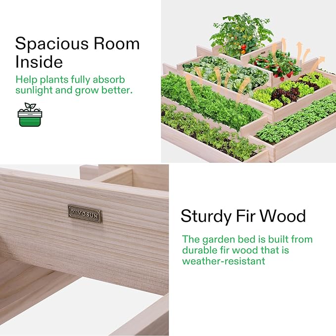 VIVOSUN 5-Tier Wooden Raised Garden Bed, 42 x 42 x 14 Inches, Outdoor Wood Planter Box with Gloves and Liner for Garden, Patio, Balcony, Backyard and Outdoors