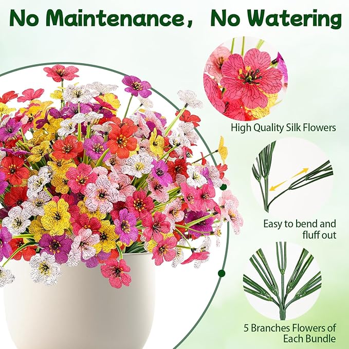 MACTING 12 Bundles Artificial Spring Flowers for Outdoors UV Resistant Fake Flowers Faux Plastic Plants No Fade for Planters Window Patio Porch Yard Garden Indoor Outdoor Decorations(Mix Color-1)