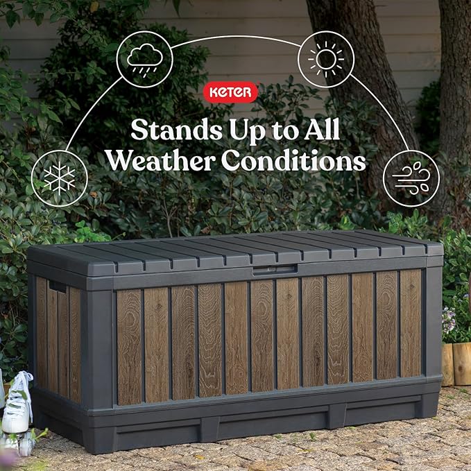 Keter Signature Collection 92 Gallon Resin Deck Box Organization and Storage Box for Patio Outdoor Cushions, Throw Pillows, Garden Tools and Pool Supplies, Walnut
