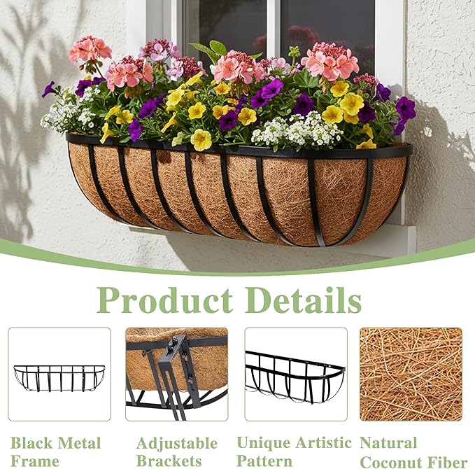 36 Inch Railing Planter Window Box Deck Balcony Rail Planter with Coco Liner Metal Wall-Mounted Coconut Liner Planters Basket Horse Trough Planters for Outdoor Balcony Porch Fence Patio (2 Pack)