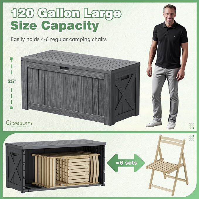 Greesum Outdoor Storage Box 120 Gallon Storage Bin with Lid for Patio Furniture, Garden Tools, Pool Supplies, Lockable, Waterproof and UV Resistant, Gray