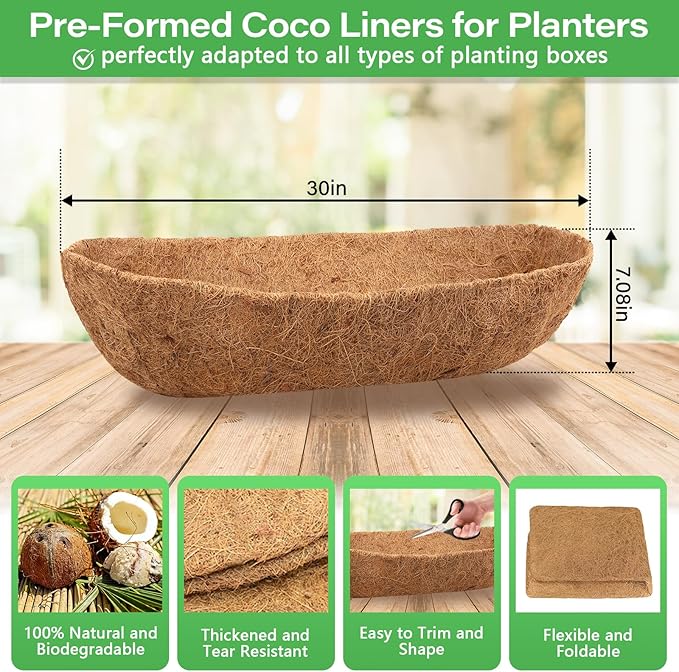 Legigo 2 Pack Trough Coco Liner for Planters- 30 Inch Window Box Liners Coconut Coir Basket Liners, Planter Box Coconut Liner for Window Flower Box Pots, Fence Trough Planter, Wall Planter Basket