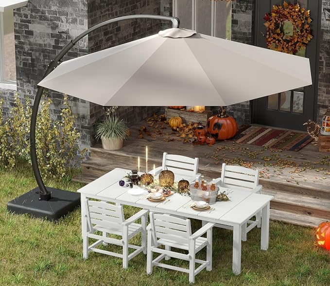 5-Piece White Outdoor Dining Set with White 11FT Large Patio Umbrella, 75.2'' HDPE Table & Chairs for 8, Weather-Resistant Furniture with Umbrella Hole for Patio, Lawn, Poolside