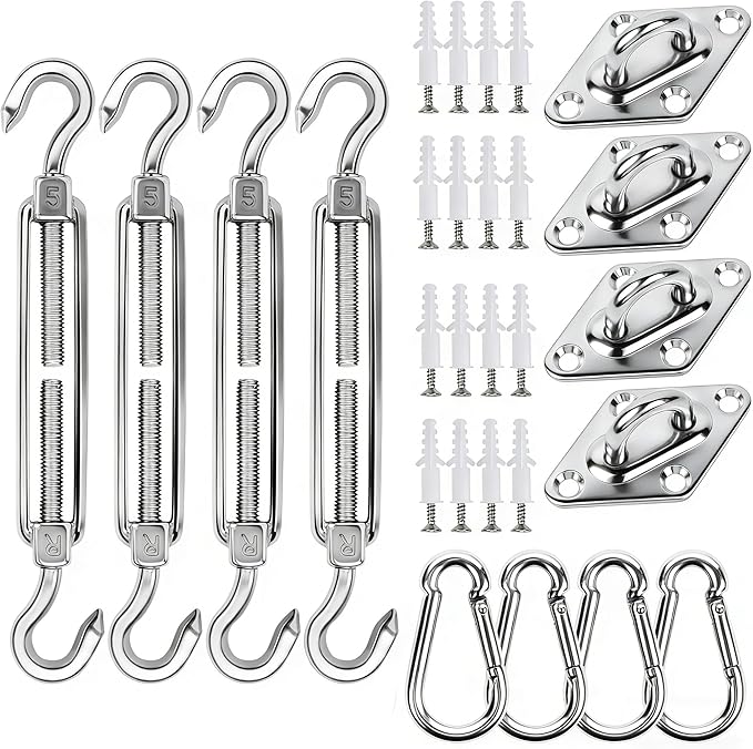 YOFIT 44 Pcs Shade Sail Hardware Kit, 5 Inch Outdoor Sun Sail Accessories, 304 Stainless Steel Turnbuckles & Brackets for Triangle/Rectangle Sails, Patio Canopy Installation Hardware Set Waterproof