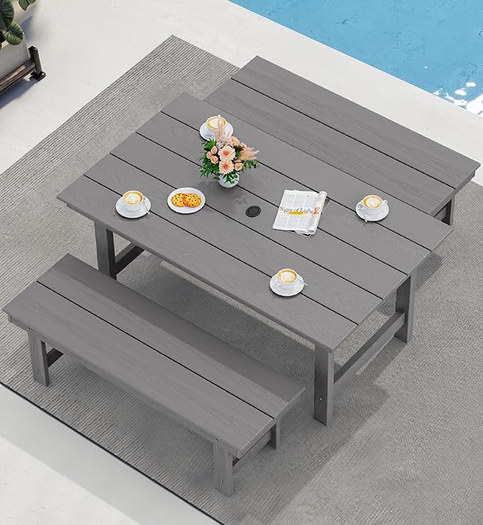 SERWALL Patio Dining Table and Bench Set for 6, Gray
