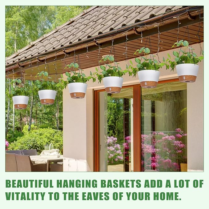 Amyhill 6 Pcs 8 Inch Hanging Planter for Indoor Plants Self Watering Hanging Pot Baskets with Drainage Hole Visible Water Level Tray with Hooks for Garden Outdoor(White)