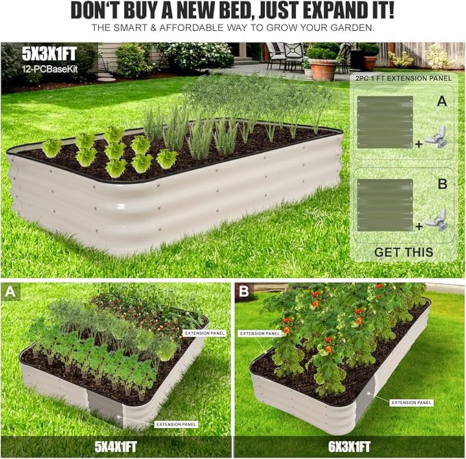 GoCampDriect 4IN1 Raised Garden Bed - 5x3x1ft Galvanized Raised Garden Boxes Outdoor Corrosion Resistant | Variable Shape 6x2x1ft Metal Raised Garden Beds for Planting Vegetable, Herb,Fruits,White