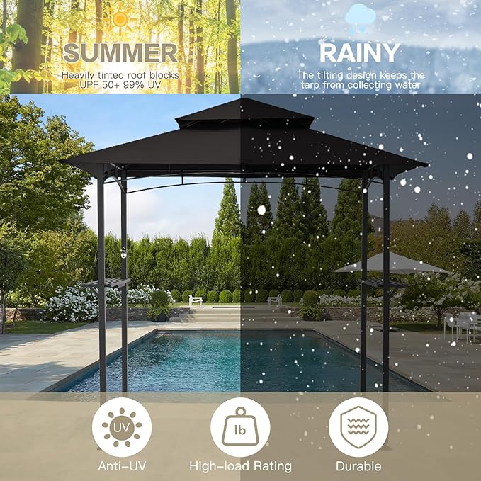 AECOJOY 8' x 5' Outdoor Grill Gazebo, BBQ Canopy for Outdoor Grill, 2- Tier BBQ Grill Gazebo Shelter for Patio, Backyard and More (Black)