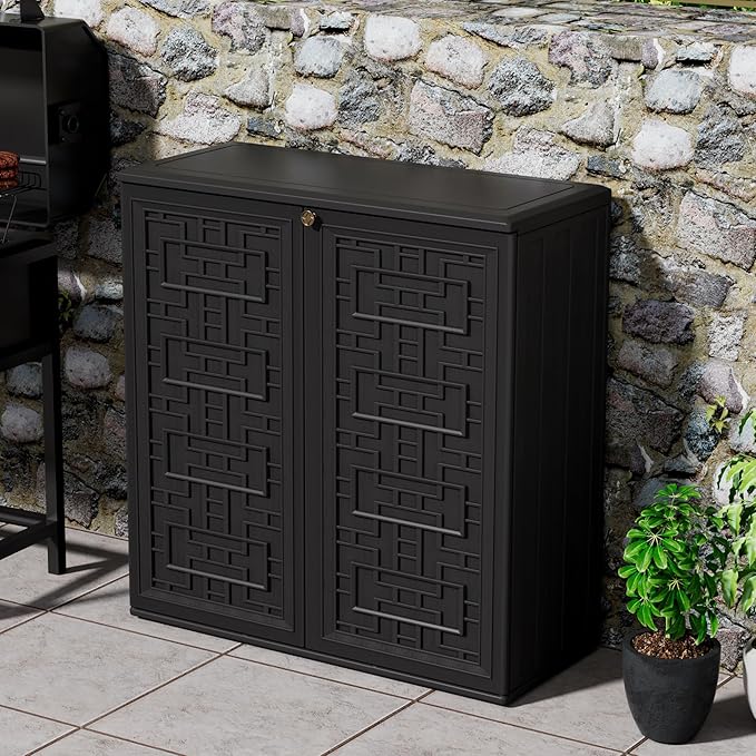 Outdoor Storage Cabinet Waterproof with Shelf,Resin Storage Sheds Outdoor Cabinets for tub Towels/Chemicals/Grill Items/Patio/Garden/Backyard, Size 34.3''L*15''W*36.2''H（Black）