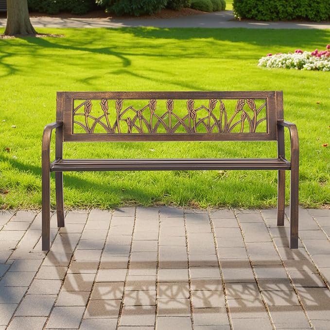 VEVOR Outdoor Bench, 50 inch, Carbon Steel Metal Frame with PVC Floral Pattern Backrest and Round Edge Armrests, Weatherproof Outside Bench for Patio, Garden, Park, Yard, Front Porch, Antique Bronze