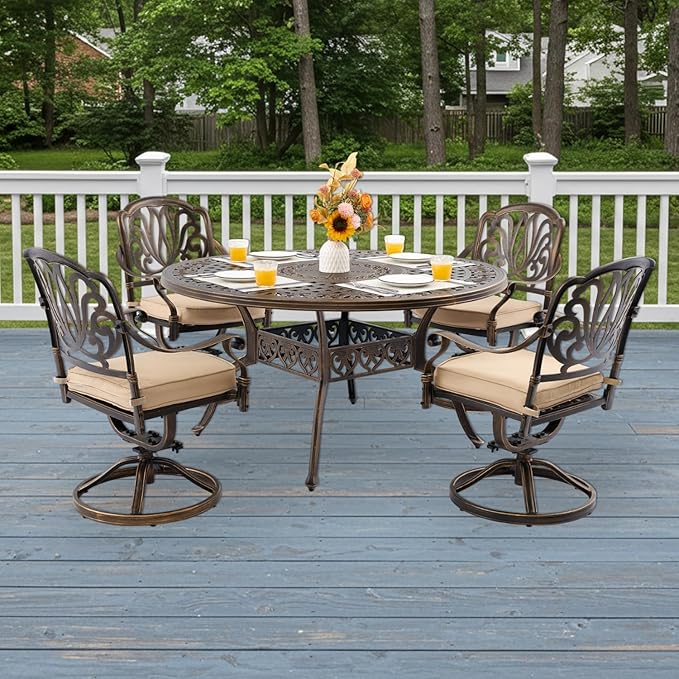 5-Piece Cast Aluminum Patio Furniture, Patio Dining Set for 4 Include 54" Round Outdoor Dining Table and 4 Swivel Chairs with Cushions & Umbrella Hole (Bronze)
