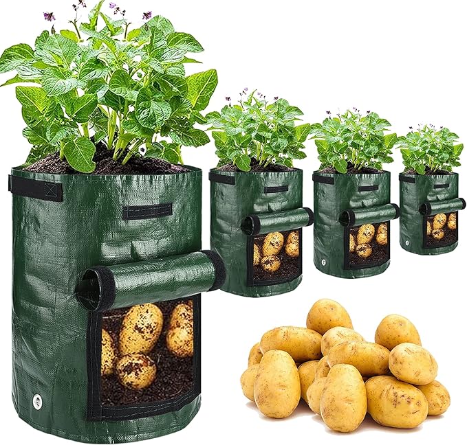 JJGoo Potato Grow Bags, 4 Pack 10 Gallon with Flap and Handles Planter Pots for Onion, Fruits, Tomato, Carrot - Green