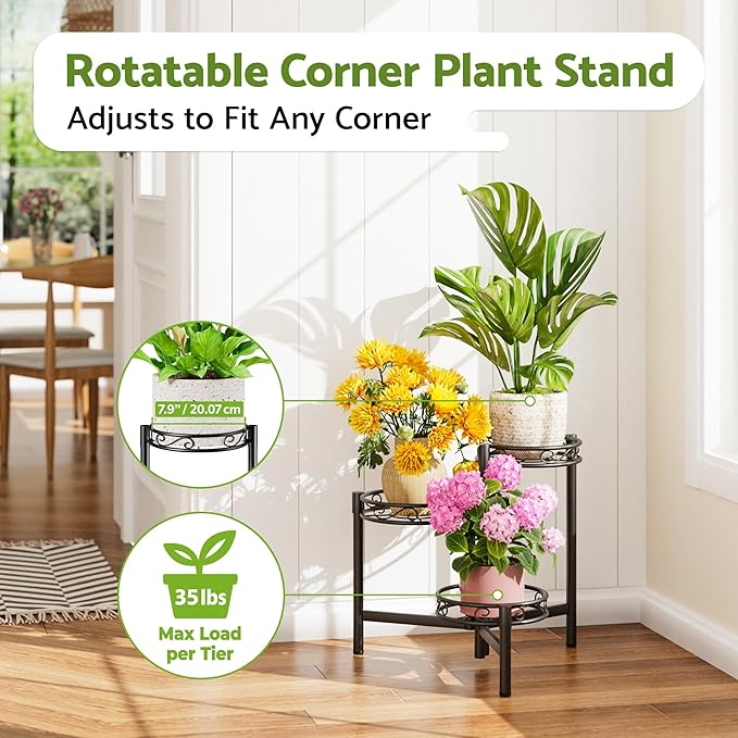 3-Tier Plant Stand Outdoor,Metal Plant Stand for Multiple Plants, Folding Tall Plant Rack Display Shelf for Corner Living Room Porch Patio Garden Office - BalckCircle