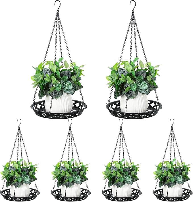 Enhon 6 Pack Metal Hanging Planter, 12 Inch Indoor Outdoor Plant Hanger, Classy Glossy Black Decorative Shelf for Window Wall Ceiling Home Decor