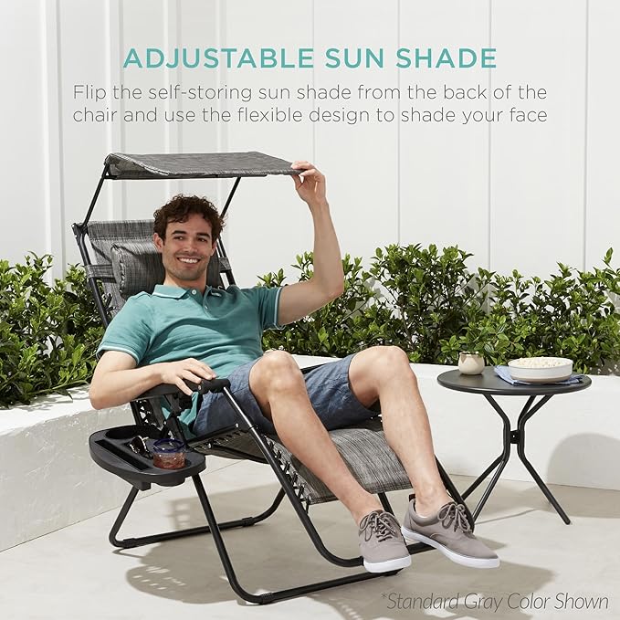 Best Choice Products 30” Wide Folding Zero Gravity Outdoor Recliner Patio Lounge Chair w/Adjustable Canopy Shade, Headrest, Side Accessory Tray - Peacock Blue