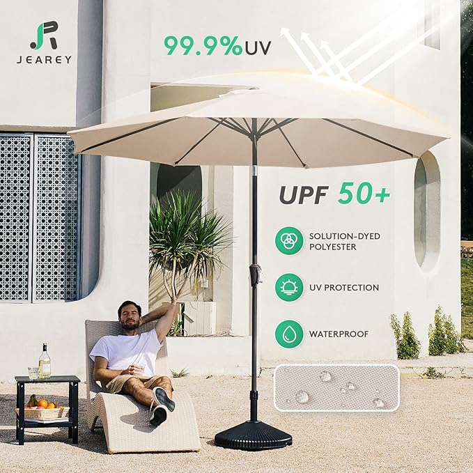 JEAREY 9FT Outdoor Patio Umbrella Outdoor Table Umbrella with Push Button Tilt and Crank, Market Umbrella 8 Sturdy Ribs UV Protection Waterproof for Garden, Deck, Backyard, Pool (Beige)