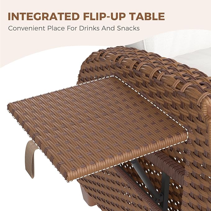 Grand patio Outdoor Recliner with Independent Adjustable Back and Footrest, Air Pump 150° Lay Flat Reclining Chair Removable Olefin Cushion Flip-Up Table Wicker Creamy White 1PC