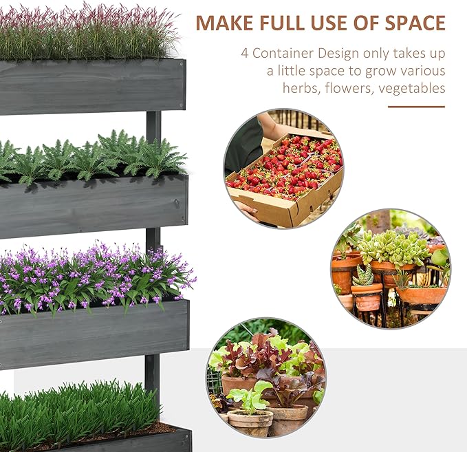 Outsunny Vertical 4 Tier Raised Garden Bed, Wooden Planter Box, Self-Draining with Bed Liner for Indoor Outdoor Flowers, Vegetables and Herbs, Gray
