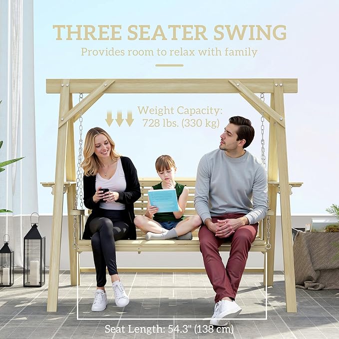 Outsunny 3 Seat Porch Swing with Stand, Wooden Patio Swing Chair with Side Tables and Metal Chains, Outdoor Swing Bench for Garden, Poolside, Backyard, Natural Wood