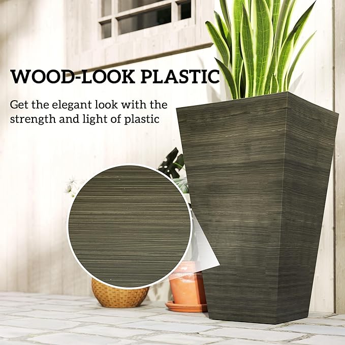 Outsunny Tall Planter for Outdoor Plants Set of 3, 28 Inch Taper Planter with Drainage Holes, Wood Grain Decor Garden Pot for Indoor Outdoor Porch Patio Backyard, Dark Brown