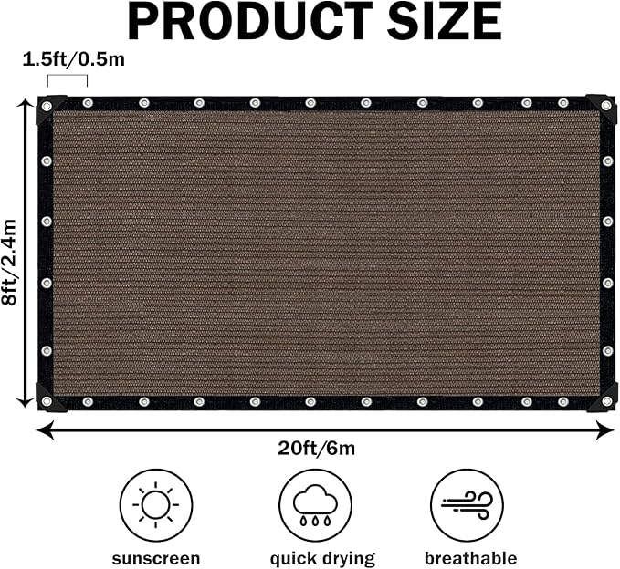 Sun Shade Cloth with Grommets,90% UV Protection Shade Fabric,Pergola Shade Cover Canopy Fence Privacy Screen Balcony,Brown Sunshades for Patio Pergola Garden Backyard Outdoor,Mocha-8x20FT
