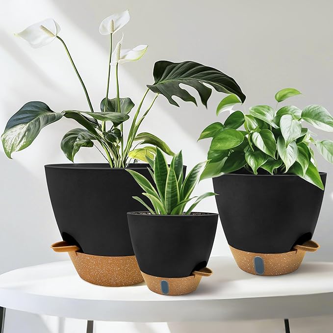 12/10/9/8 inch Self Watering Pots with Visual Water Window, Extra Large Self Watering Plant Pot with Drainage Holes and Saucers, Black Flower Pots for Indoor Plants