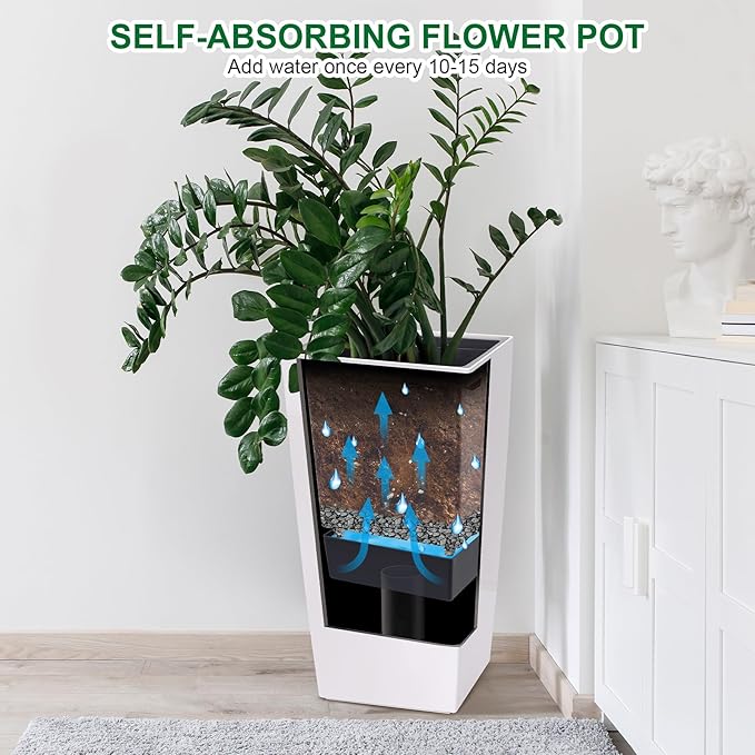 30 Inch Tall Self Watering Planters Set of 2, Outdoor Plant Pots with Automatic Watering System, Water Level Monitor, Drainage, Wheels & Inner Bucket, for Front Porch & Indoor Plants White