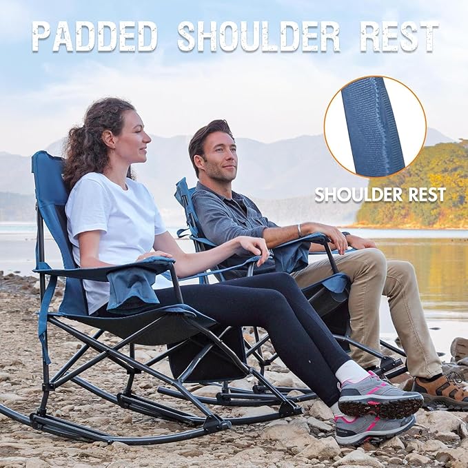 Portal Folding Camping Rocking Chair Portable Outdoor Rocker High Back Cup Holder Side Pocket Carry Bag Included, Support 300 lbs