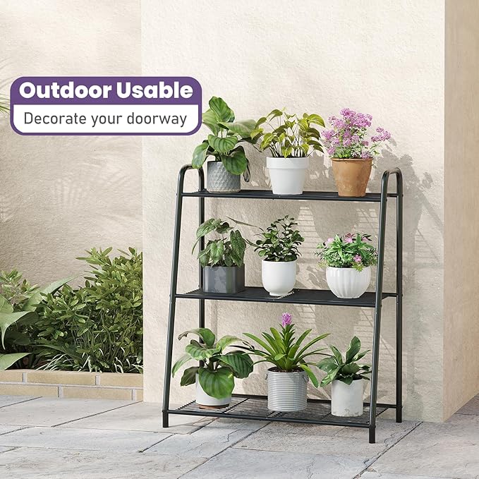 3-Tier Corner Plant Stand, Metal Black Flower Pot Rack, Indoor Outdoor Heavy Duty Shelf (Black, 3 Tier)