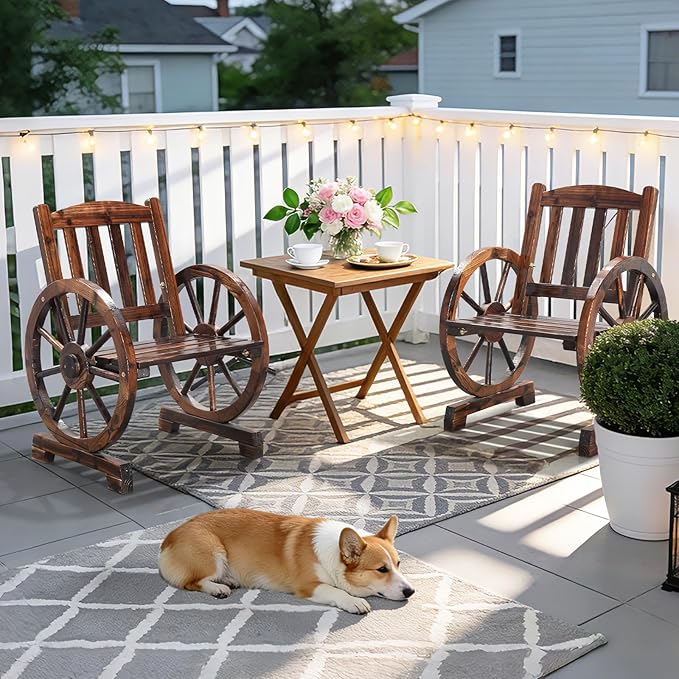 VINGLI Rustic Wooden Patio Chair with Wagon Wheel Armrests, Outdoor Dining Chairs Solid Wood Frame Seating for Farmhouse Garden Porch Lawn Balcony (Rustic, Chair)