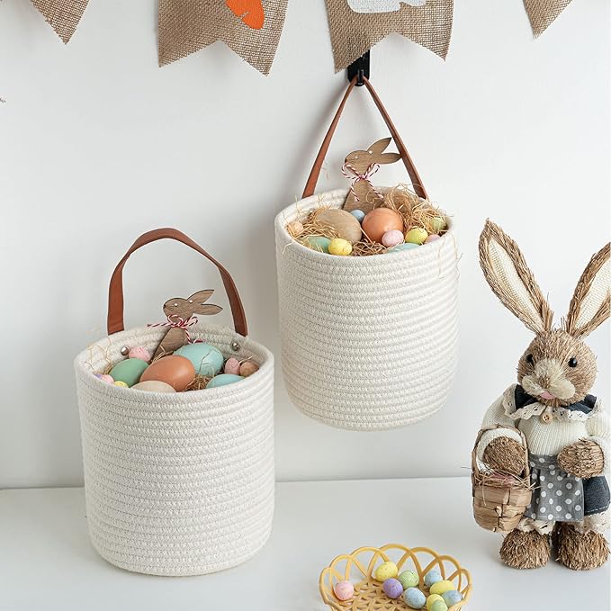 Goodpick 2pack Rope Hanging Basket - Small Round Hanging Baskets Storage for Key, Sunglasses, Wallet on Door - Modern Woven Baskets Wall Decor for Plant, White Cotton Basket 7.87 x 7 x 11.7 inches