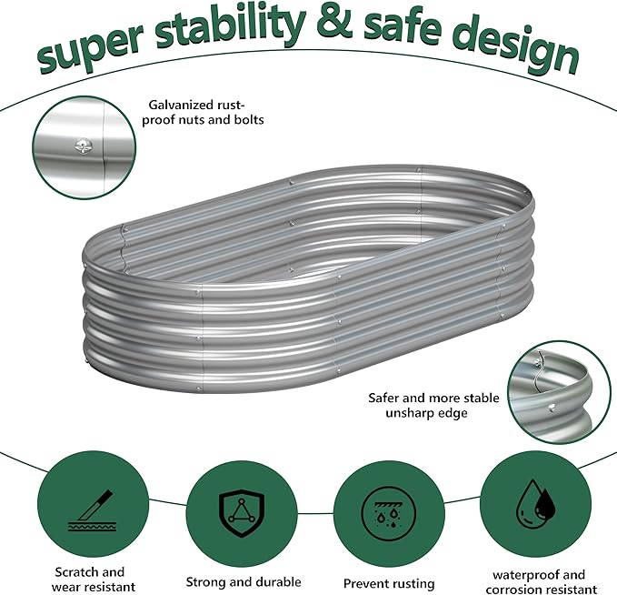 4x2x1FT Galvanized Raised Garden Bed Kit,Vegetable Boxes-Oval Metal Flower Box,Large Planter Raised Beds Outdoor Garden for Planting,Fruit,Herb-Silver