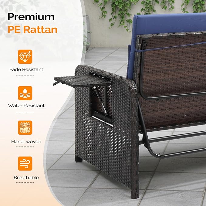 VINGLI Patio Daybed, Wicker Outdoor Daybed with Storage Ottoman & 5-Level Adjustable Backrest, All-Weather Rattan Cushioned Patio Loveseat Sofa for Garden Balcony Backyard (Navy, Brown)