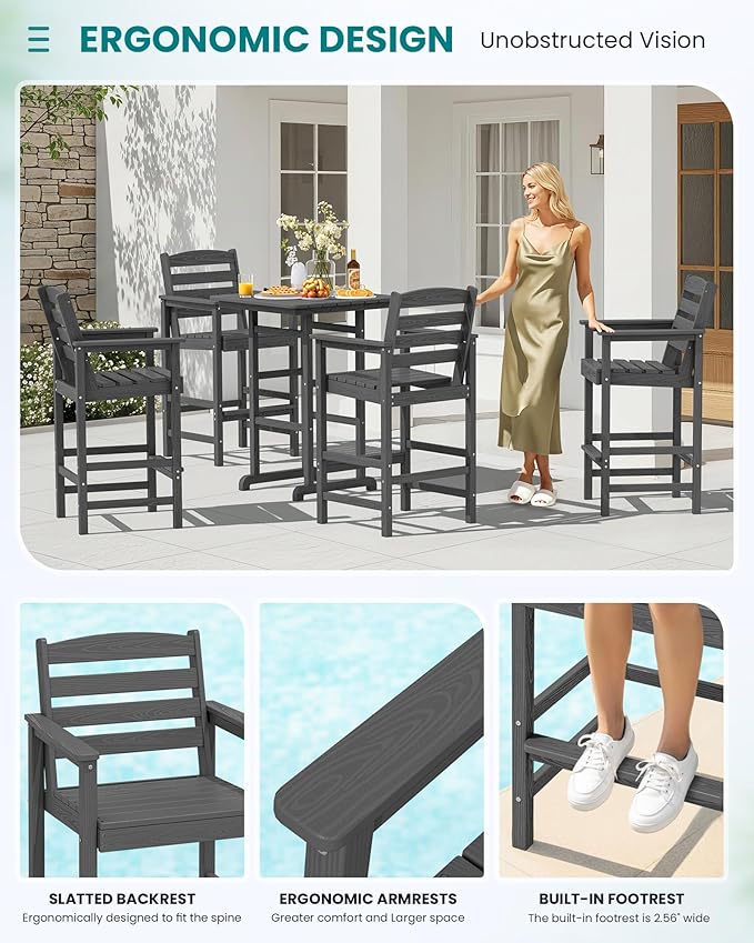 SERWALL 5 Pieces Outdoor Patio Bar Set, Tall Adirondack Bar Chair and Table Set, Gray