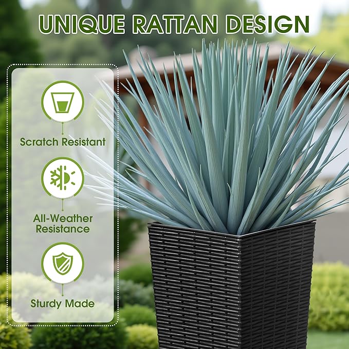 Devoko Resin Tall Planters with Tray for Outdoor Plants Set of 2, Large Taper Outdoor Planter Pots with 4 Drainage Holes, Flower Pots Modern Decor for Porch, Patio, Backyard, Garden(Black, 24")