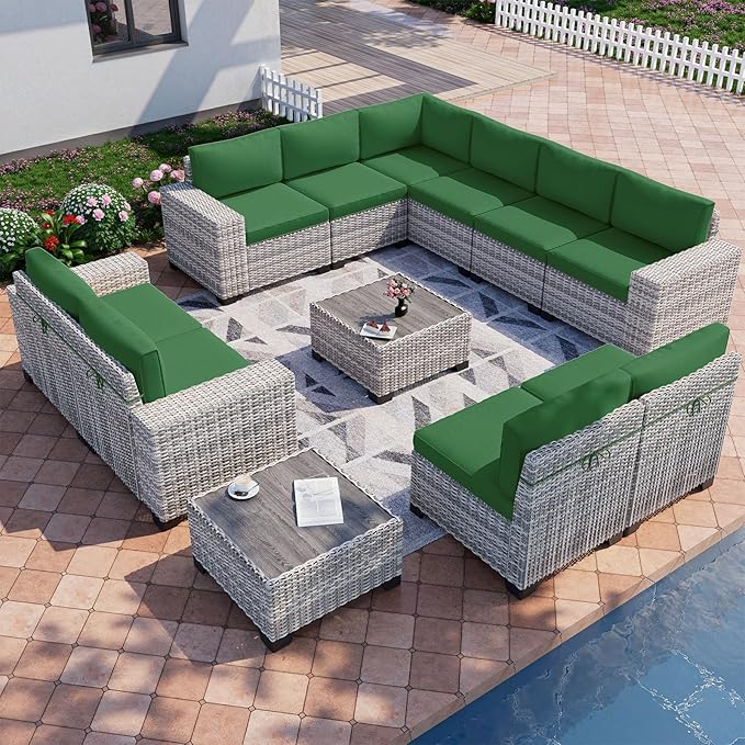 12-Piece Outdoor Patio Furniture Set Wicker Sectional Sofa Set, Patio Conversation Set with Thickened Cushions & Coffee Table for Garden, Backyard, Poolside, Green