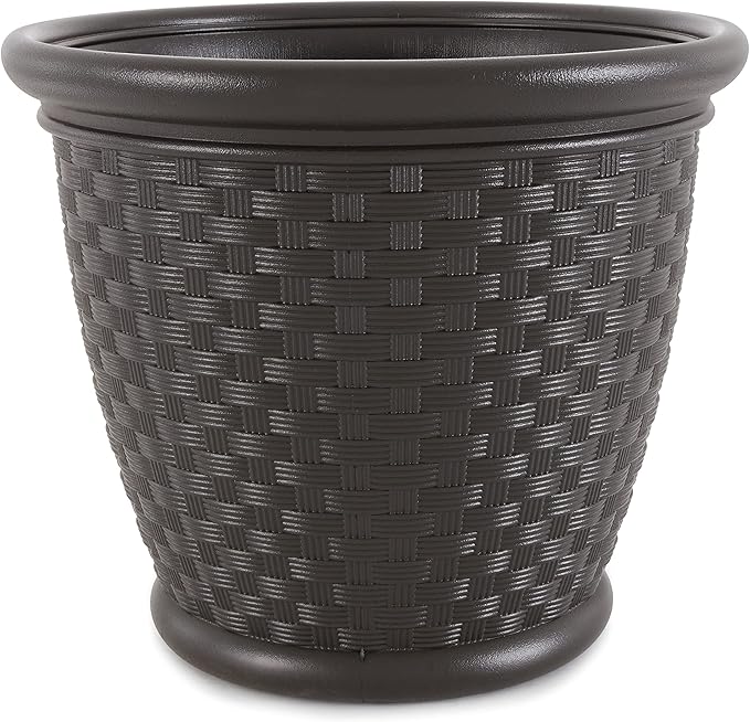 Suncast 4 Pack Sonora 18 Inch Lightweight Durable Plastic Wicker Decorative Flower Planter Pot for Yard, Garden, Indoor or Outdoor Use, Brown