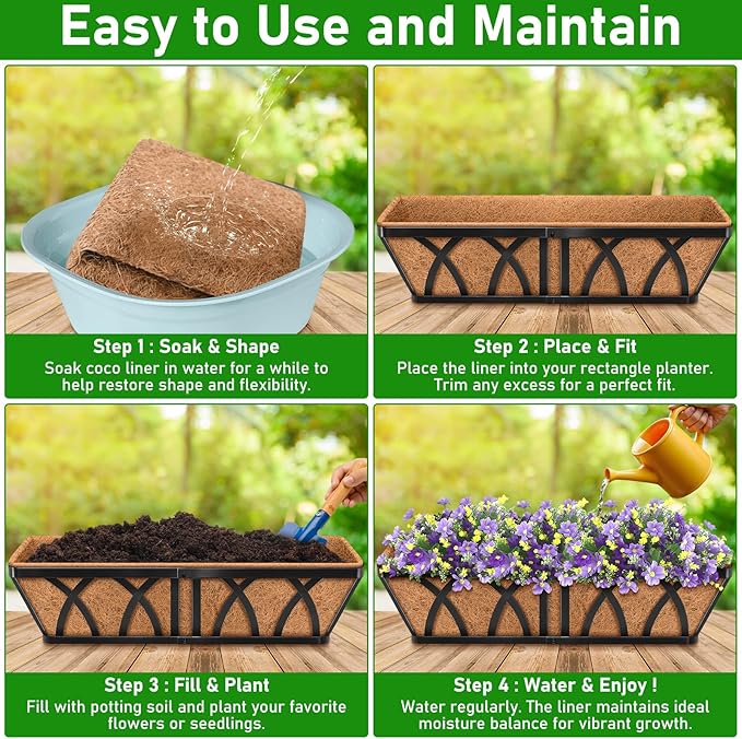 Riare 4 Pack 24 Inch Rectangle Coconut Liners for Planters, Natural Coconut Fiber Planter Liners, Window Box Liner Trough Coco Liner for Outdoor Flower, Garden Wall, Deck & Fence Planter Boxes