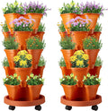 Umigy 2 Set 5 Tier Stackable Planters Vertical Garden Planters for Strawberry Herb Flower and Vegetable Indoor Outdoor Gardening Pots with Removable Wheels and Bottom(Terracotta)