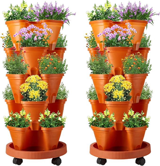 Umigy 2 Set 5 Tier Stackable Planters Vertical Garden Planters for Strawberry Herb Flower and Vegetable Indoor Outdoor Gardening Pots with Removable Wheels and Bottom(Terracotta)