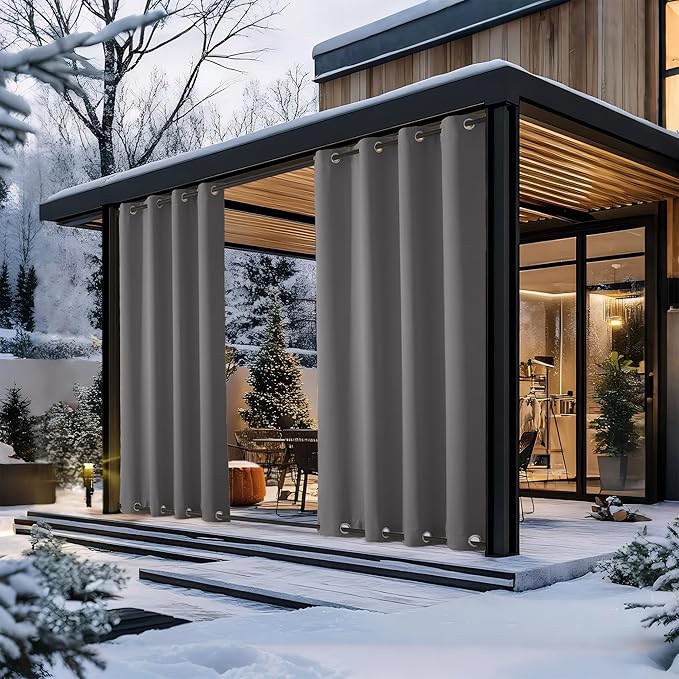 NICETOWN 2 Panels Grey Blackout Outdoor Curtains for Patio Waterproof 84" Long, Top and Bottom Rustproof Grommet Heavy Weight Windproof Drapes, Keep Privacy for Porch, W52 x L84