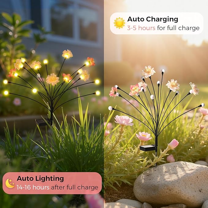 Solar Garden Lights, Warm White LED Swaying Solar Flowers Light for Outside, Waterproof Garden Decor, Outdoor Decorative Lights Yard, Patio, Pathway Decoration Gardening Gifts (4 Pack)