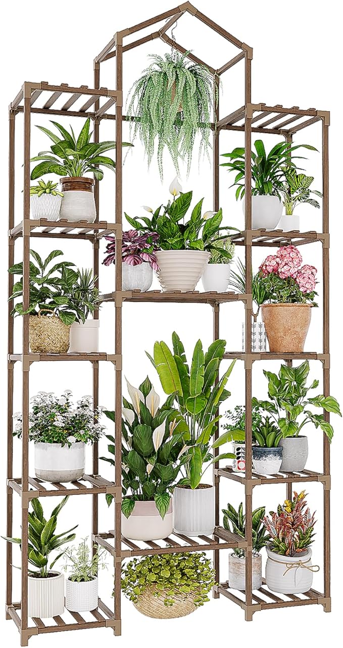 Bamworld 74.4" Tall Plant Stand Indoor Outdoor Wood Plant Shelf Hanging Plant Rack Tiered Flower Stands for Multiple Plants for Living Room Garden Balcony Patio