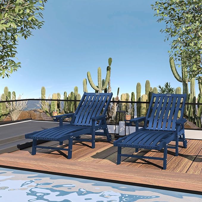 Patio Chaise Lounge Chair, Oversized Lounge Chair Outdoor with 5 Positions, HDPE, Patio Lounge Chair with Wheels & Cup Holder for Pool, Deck, Poolside,Navy Blue