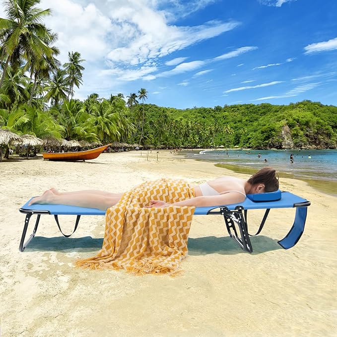 GYMAX Tanning Chair, 350lbs Beach Lounge Chair with Face Hole, Washable Pillow & Carry Strap, Adjustable Folding Chaise Lounge, Layout Lounger for Outside, Patio, Poolside, Lawn (2, Blue)