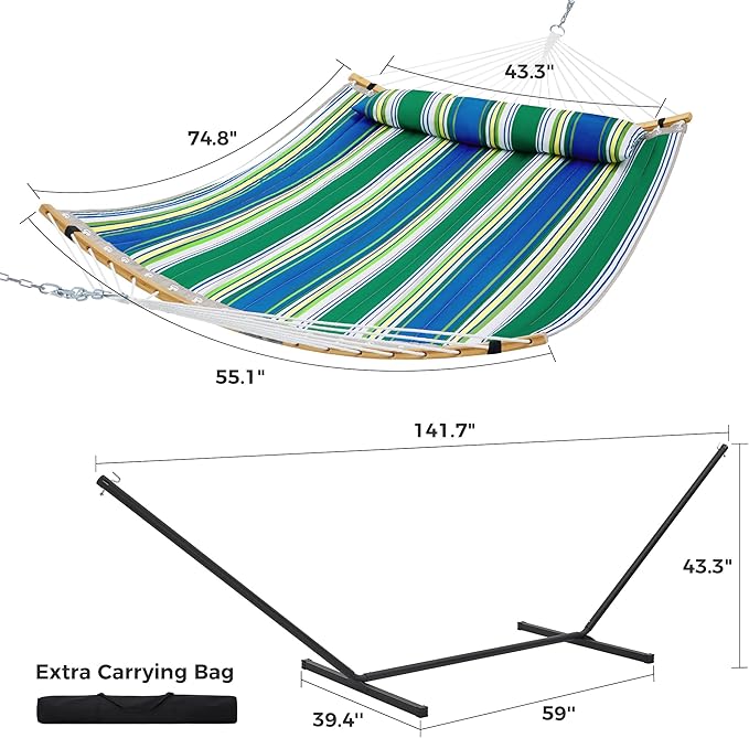 SUPERJARE Curved-Bar Hammock with Stand, 2 Person Heavy Duty Hammock Frame, Detachable Pillow & Portable Carrying Bag, Perfect for Outdoor & Indoor, Green Bold Stripe